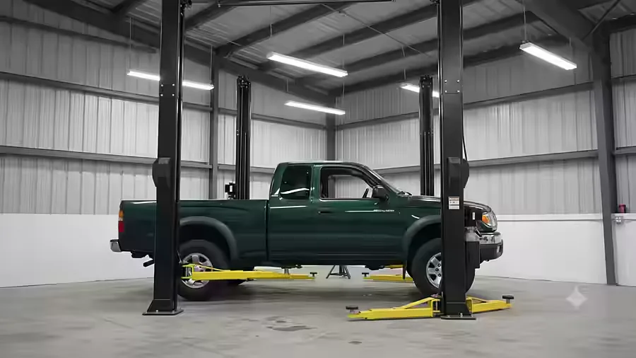 A pickup truck being raised on a two-post lift at GaragePass Oakland