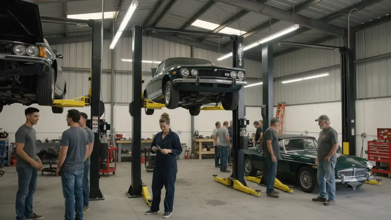 Members working on cars across several lift bays on the GaragePass shop floor