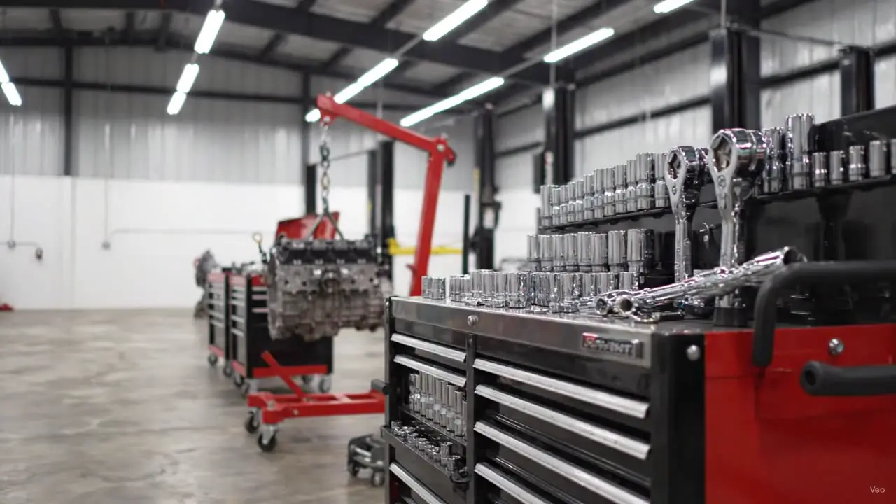 Camera tracking past the GaragePass tool wall, engine hoist, socket sets and rolling tool chests