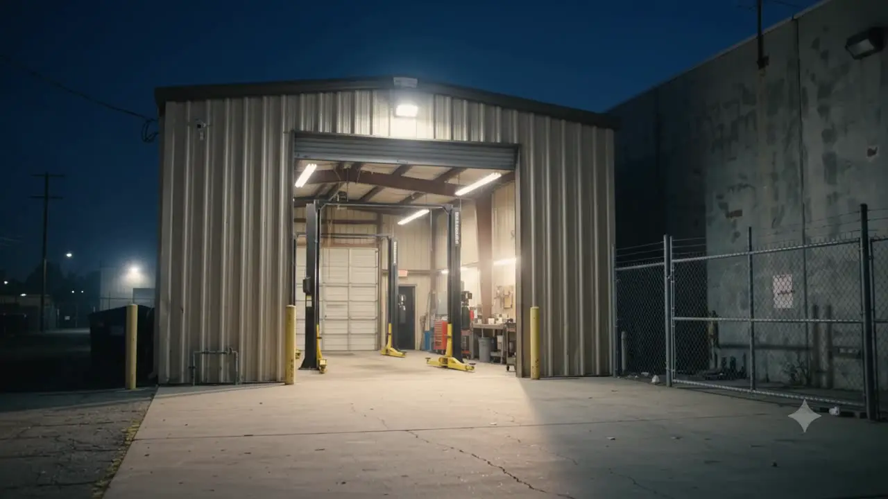 A person walking into the lit GaragePass shop at night carrying a toolbox